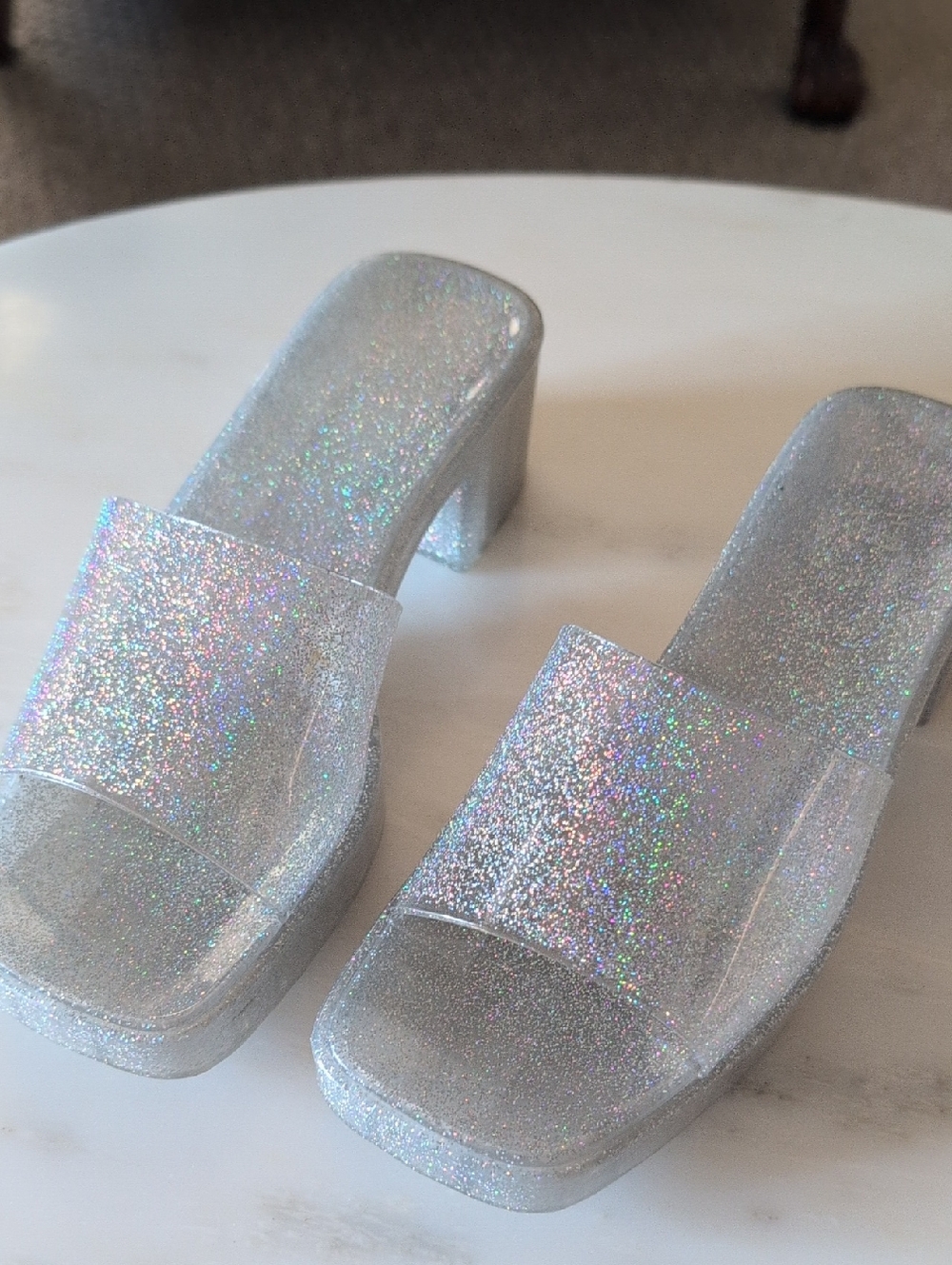 Crown And ivy Silver Glitter Block Heel Slide Sandals - Women's